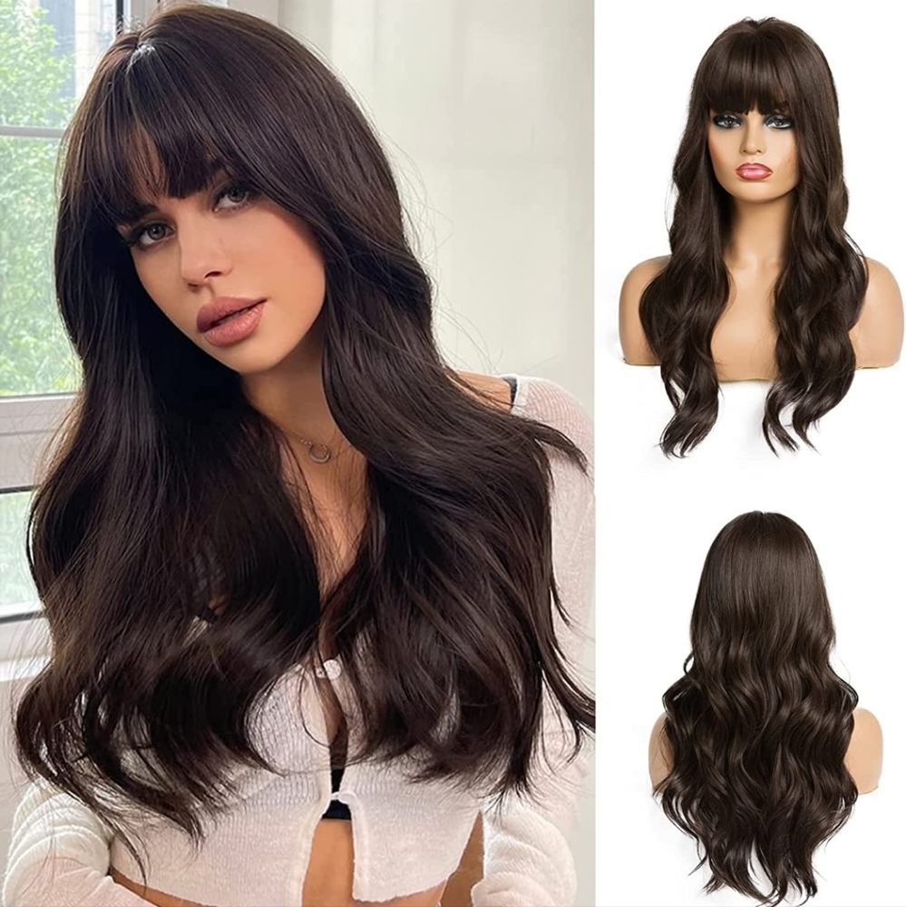 24 inch Long Brown Color Synthetic Natural Wave Wigs with Neat Bangs